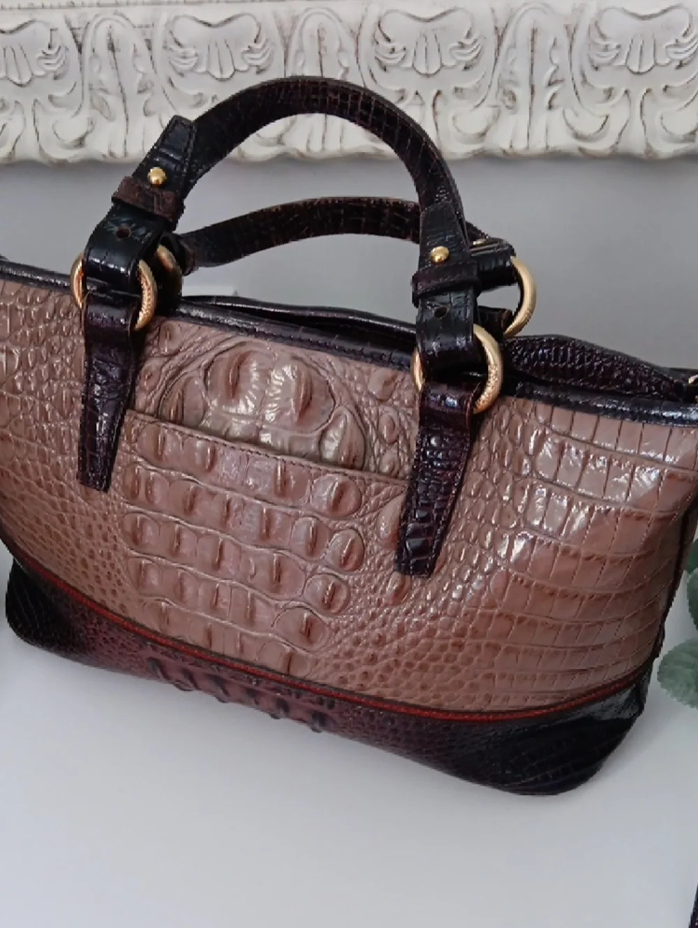 Brahmin Brown and Black Croc-Embossed Leather Satchel with Tassel - Picture 8 of 11